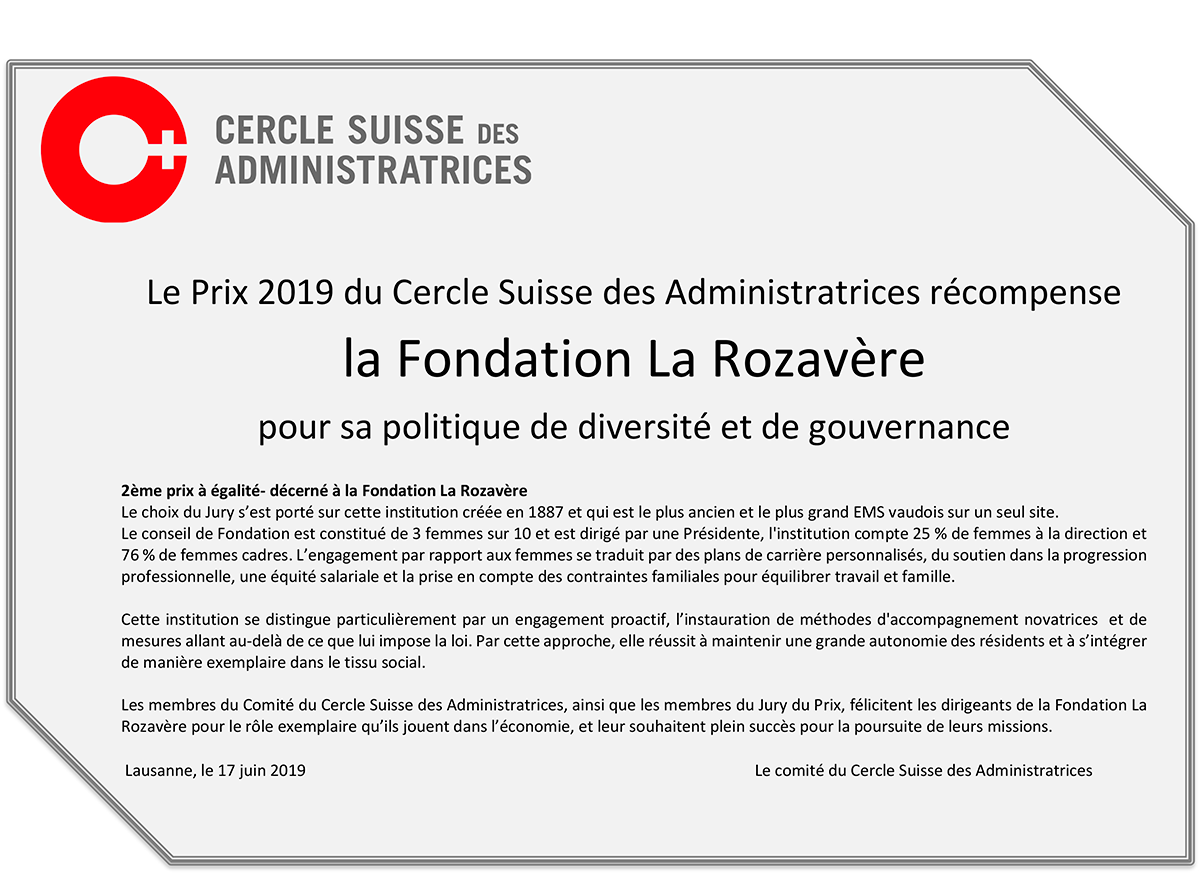 Certificat 2ème nominé à égalité Prix CSDA 2019 Fondation La Rozavère